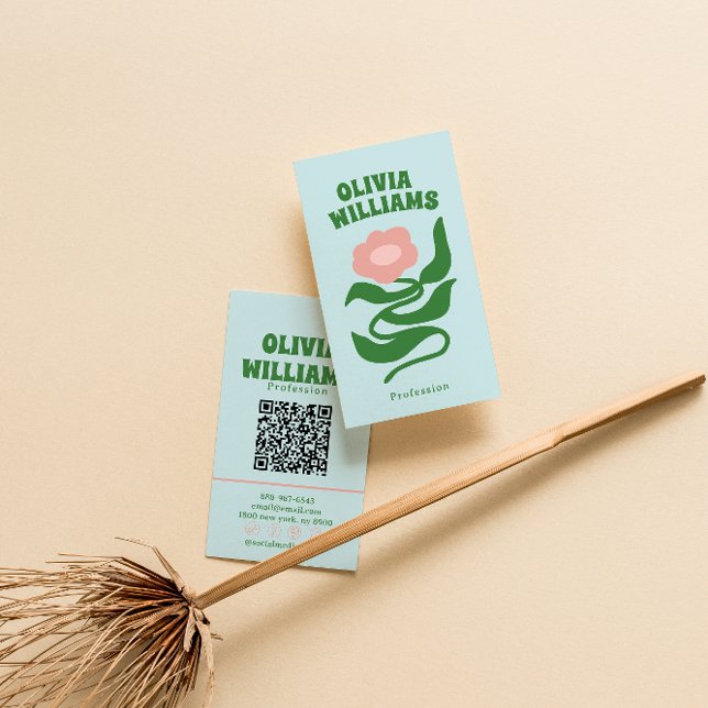 Carte De Visite Retro Bold Boho QR Code Groovy Floral Trendy (Créateur téléchargé)