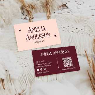 Carte De Visite Retro Elegant Blush & Burgundy Qr Code
