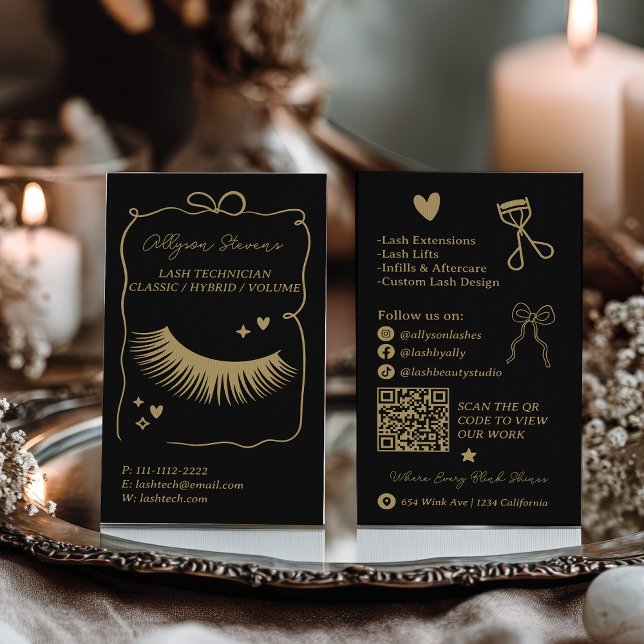 Carte De Visite Retro gold black Doodles Lash Tech QR Code (Retro gold black Doodles Lash Tech QR Code Business Card)