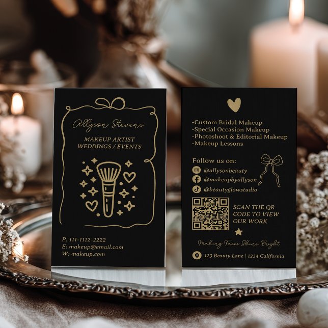 Carte De Visite Retro Gold Black Doodles Makeup Artist QR Code (Retro Gold Black Doodles Makeup Artist QR Code Business Card)