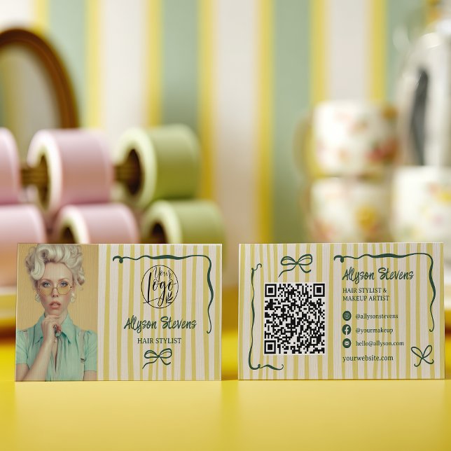 Carte De Visite Retro Green Striped Quirky Hair photo qr code Logo (Retro Green Striped Quirky Hair photo qr code Logo Business Card)