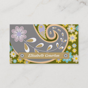 Carte De Visite Retro gris, olives vert paisley motif floral