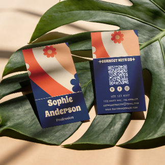 Carte De Visite Retro Groovy Floral Business Card with QR Code