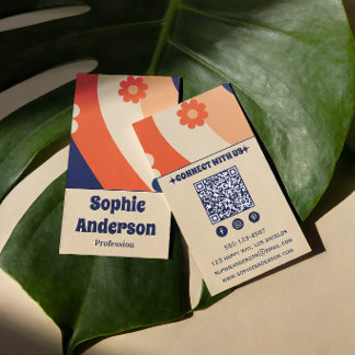 Carte De Visite Retro Groovy Floral Business Card with QR Code