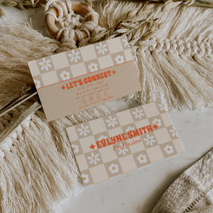 Carte De Visite Rétro Orange Beige à carreaux Groovy Floral Boho