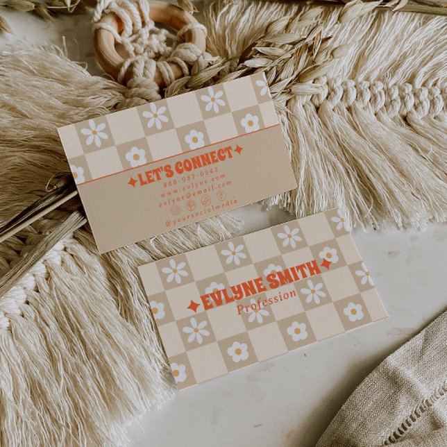 Carte De Visite Retro Orange Beige Checkered Groovy Floral Boho  (Créateur téléchargé)