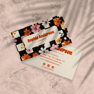 Carte De Visite Retro Orange Floral Checkered Business Card