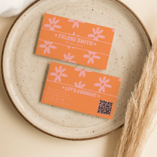 Carte De Visite Retro Orange Pink QR Code 70s Groovy Floral Girly