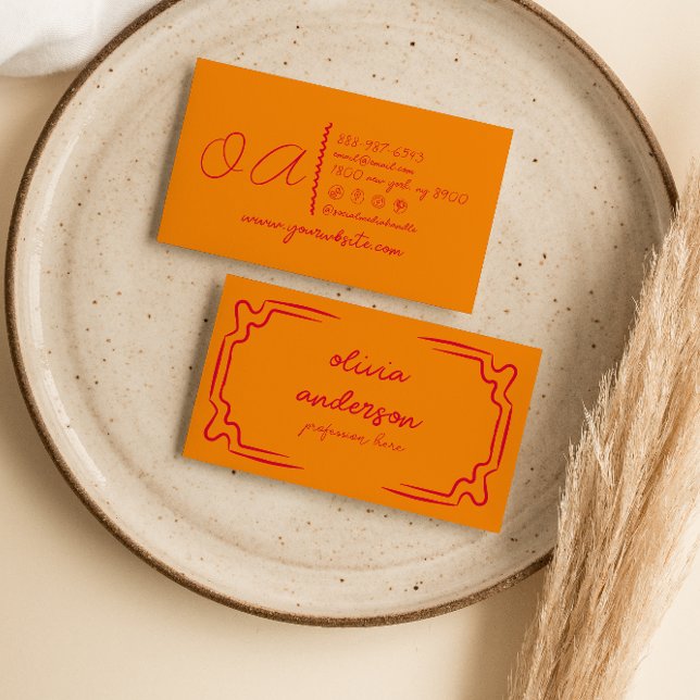 Carte De Visite Rétro Orange rouge manuscrit unique fille (Créateur téléchargé)