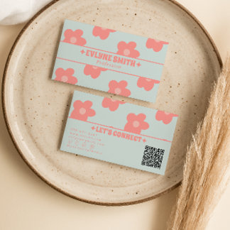 Carte De Visite Retro Pastel Pink QR Code Groovy Floral Boho Girly