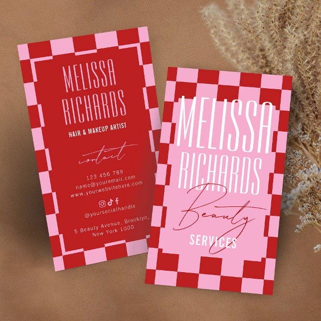 Carte De Visite Retro Pink Checkered Aesthetician Lashes Salon (Créateur téléchargé)
