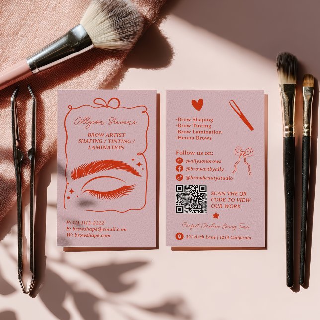 Carte De Visite Retro Pink Red Doodles Brow Artist QR Code (Retro Pink Red Doodles Brow Artist QR Code Business Card)