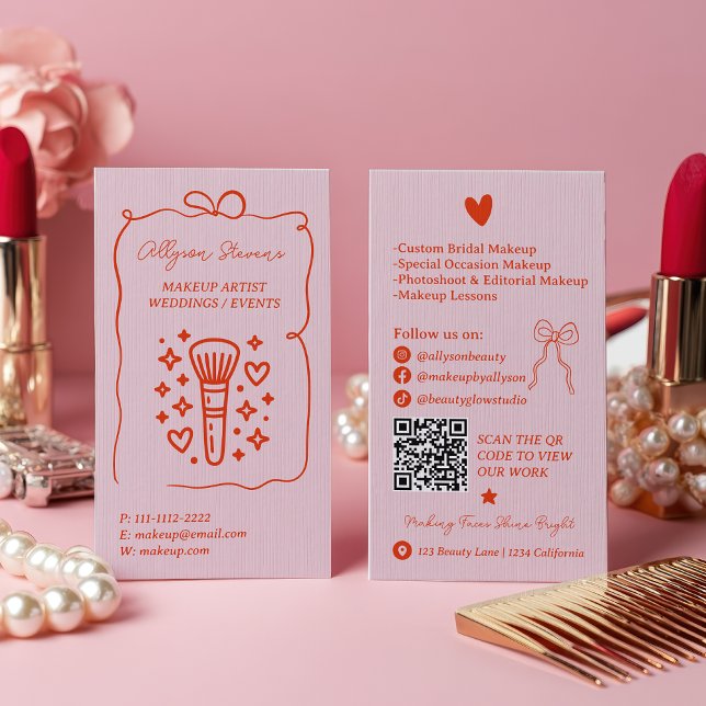 Carte De Visite Retro Pink Red Doodles Makeup Artist QR Code (Retro Pink Red Doodles Makeup Artist QR Code Business Card)