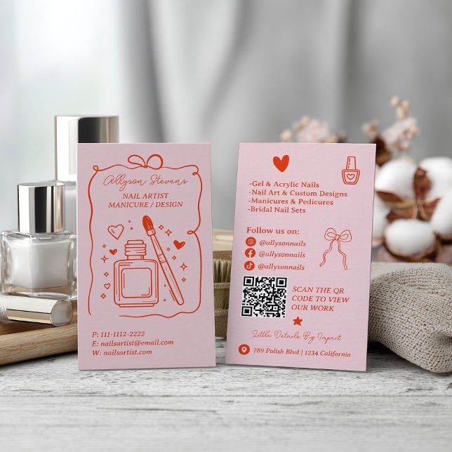 Carte De Visite Retro Pink Red Doodles Nails Artist QR Code (Retro Pink Red Doodles Nails Artist QR Code Business Card)