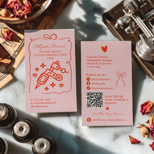 Carte De Visite Retro Pink Red Doodles Tattoo Artist QR Code (Retro Pink Red Doodles Tattoo Artist QR Code Business Card)