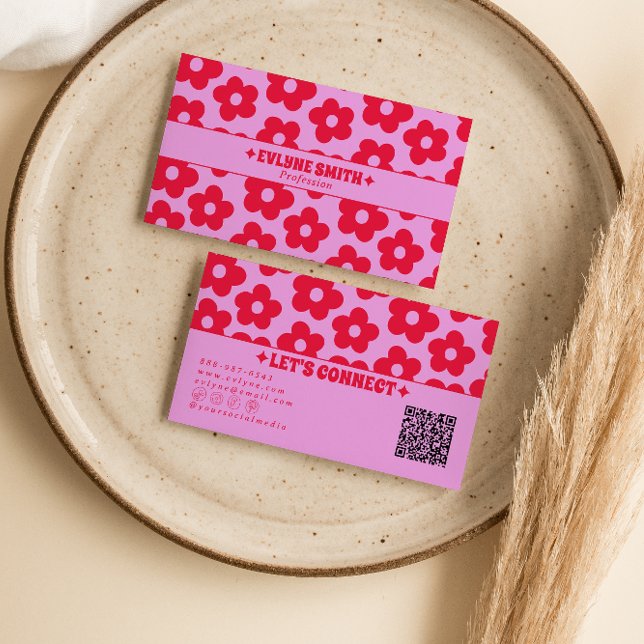 Carte De Visite Retro Pink Red QR Code Groovy Floral Boho Girly  (Créateur téléchargé)
