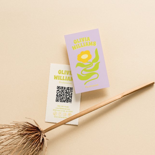 Carte De Visite Retro Purple Green QR Code Groovy Trendy Floral (Créateur téléchargé)