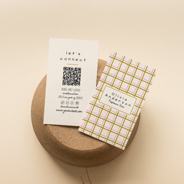 Carte De Visite Retro Rose Vert À damiers rayures Code QR tendance (Créateur téléchargé)