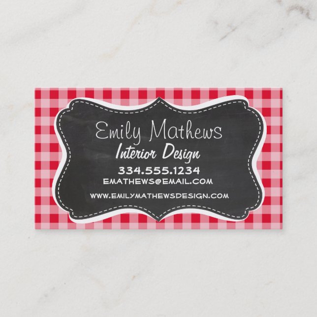 Carte De Visite Retro Scarlet Red En vichy ; Chalboard look (Devant)