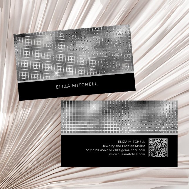 Carte De Visite Rétro Silver Grey Disco Ball Mirror | Code QR (A glam, disco-inspired silver and black business card, with a scannable QR code)