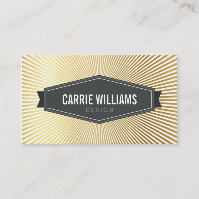 Carte De Visite RETRO SUNBURST MOTIF badge gris logo feuille or (Devant)