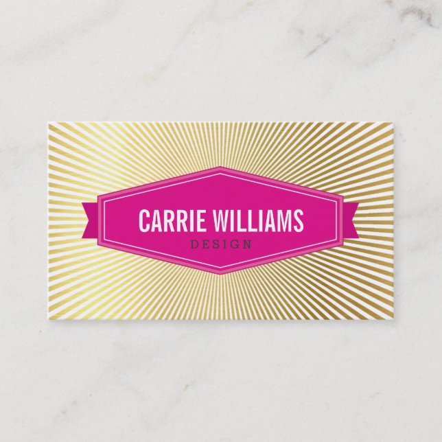 Carte De Visite RETRO SUNBURST MOTIF badge rose logo feuille or (Devant)