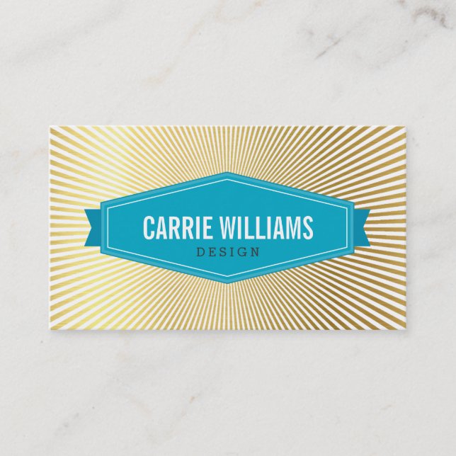 Carte De Visite RETRO SUNBURST MOTIF logo de l'insigne bleu or (Devant)