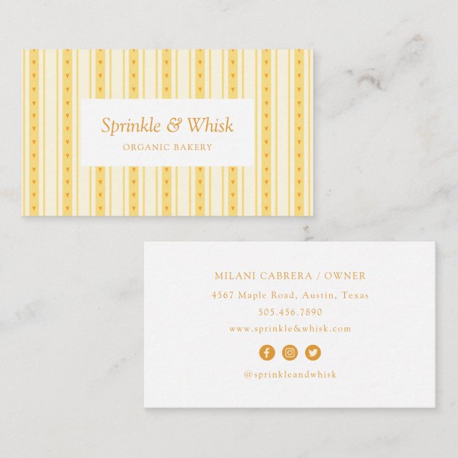 Carte De Visite Retro Vanilla Yellow Heart Stripes Bakery (Devant / Derrière)