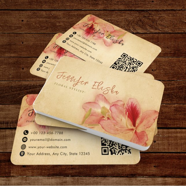 Carte De Visite Retro Vintage ancien parchemin floral QR Code (Créateur téléchargé)