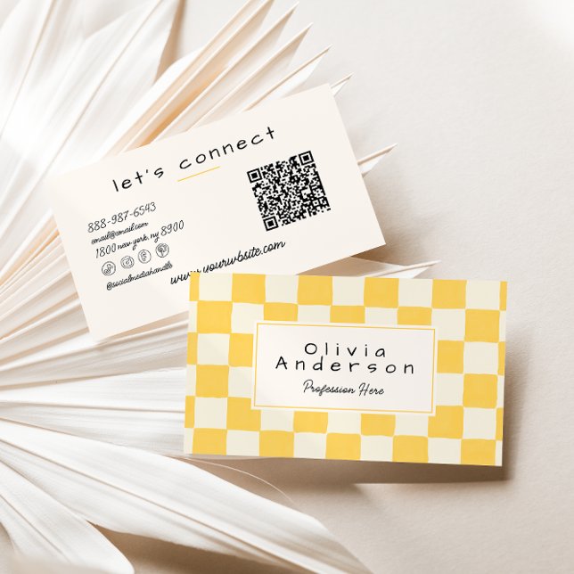 Carte De Visite Retro yellow Cream Wavy Checkered Pastel QR Code (Créateur téléchargé)