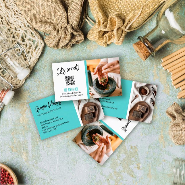 Carte De Visite Robin Egg Blue Social Media Icons QR Code Photo (Créateur téléchargé)