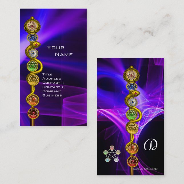 CARTE DE VISITE RODE D'ASCLEPIUS, 7 CHAKRAS, YOGA, ÉNERGIE SPIRITU (Devant / Derrière)