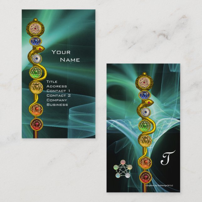 CARTE DE VISITE RODE D'ASCLEPIUS, 7 CHAKRAS, YOGA, ÉNERGIE SPIRITU (Devant / Derrière)