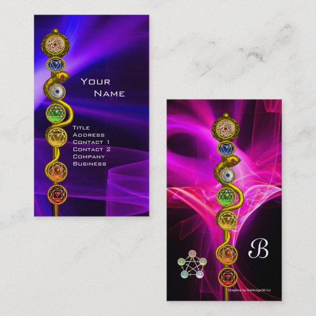 CARTE DE VISITE RODE D'ASCLEPIUS, 7 CHAKRAS, YOGA, ÉNERGIE SPIRITU (Devant / Derrière)