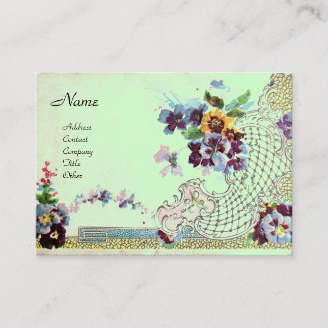 Carte De Visite ROMANTICA Élégant Panier Floral, Pansies Vert (Devant)