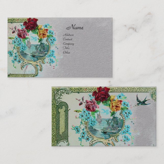 Carte De Visite ROMANTICA Fleurs antiques Roses, Papier Gris Flora (Devant / Derrière)