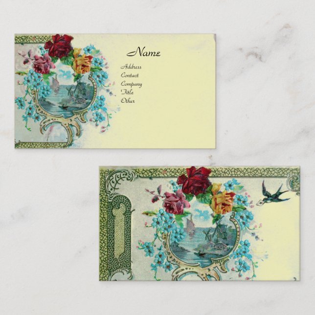 Carte De Visite ROMANTICA Fleurs antiques Roses, Papier Kraft Flor (Devant / Derrière)