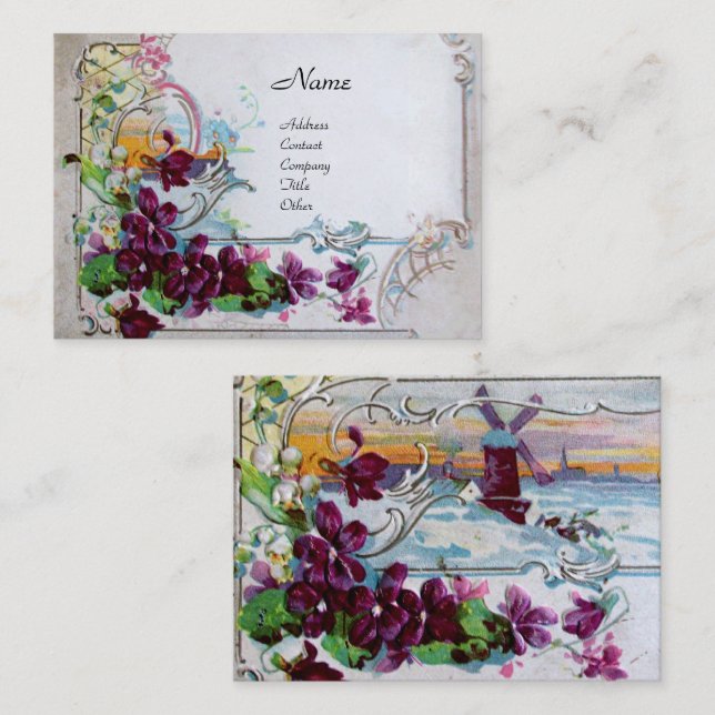 Carte De Visite ROMANTICA Pansies, Violets, Hiver Floral Blanc (Devant / Derrière)