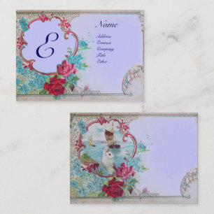 CARTE DE VISITE ROMANTIQUE BLEU FLORAL MONOGRAMME, ROSES, DOVE, SA