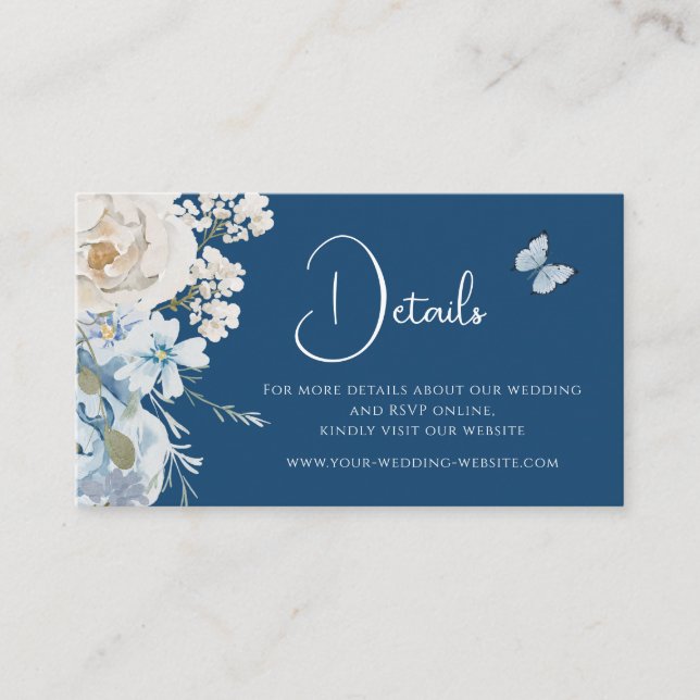 Carte De Visite Romantique Dusty Blue Floral Détails Mariage (Devant)