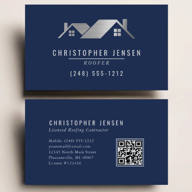Carte De Visite Roofer QR Code Roofing Business Navy Blue Silver (Créateur téléchargé)