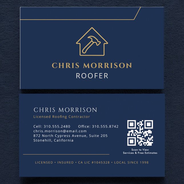 Carte De Visite Roofing QR Code Roofer Company Navy Blue Gold (Créateur téléchargé)