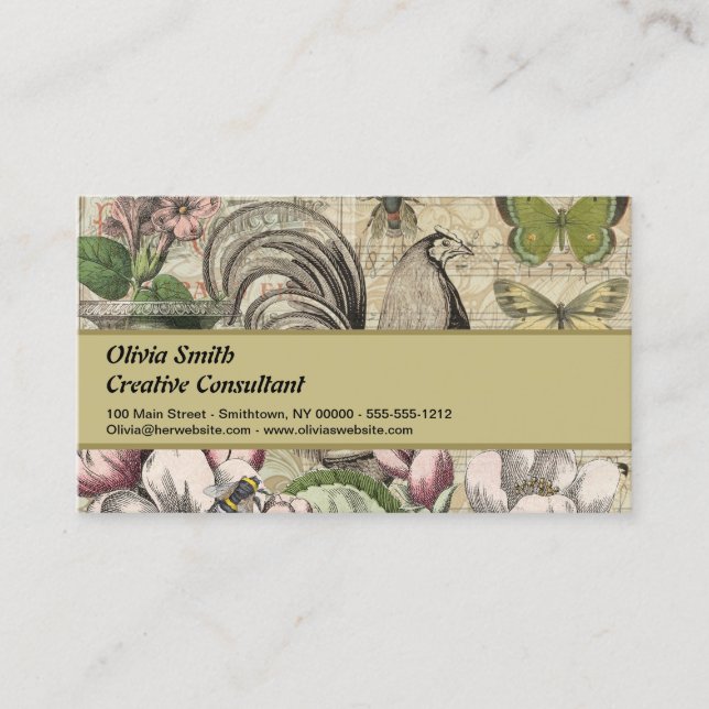 Carte De Visite Rooster Garden Flower Papillon Art (Devant)