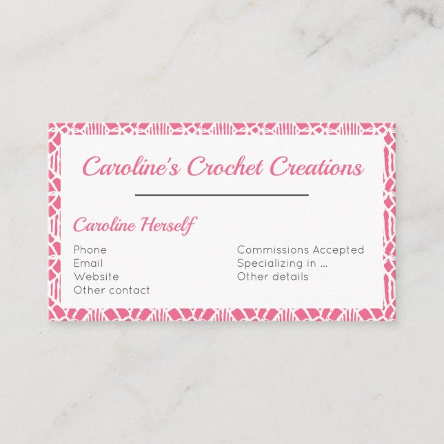 Carte De Visite Rose avec Motif de dentelle Crochet blanc (Devant)