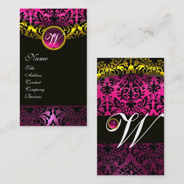 Carte De Visite ROSE BLACK DAMASK AMÉTHYST MONOGRAM Fuchsia Gold (Devant / Derrière)