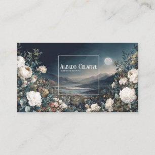 Carte De Visite Rose blanche éthérée florale et nuit de pleine lun