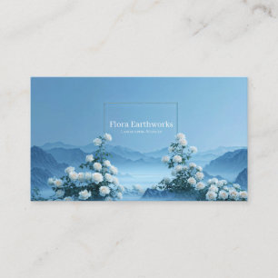 Carte De Visite Rose Blanche Florale et Cadre Montagne Brume Bleue