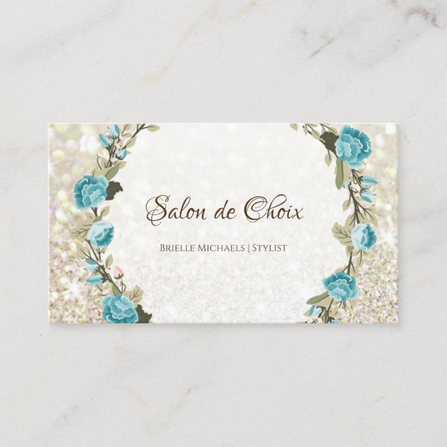 Carte De Visite Rose bleu romantique Floral Élégante Parties scint (Devant)