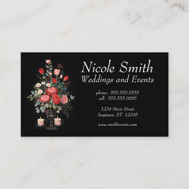Carte De Visite Rose Bouquet & Bougies Wedding planner Événements (Devant)