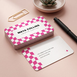 Carte De Visite Rose Chaude Tendance Blanche Damier Ondulé